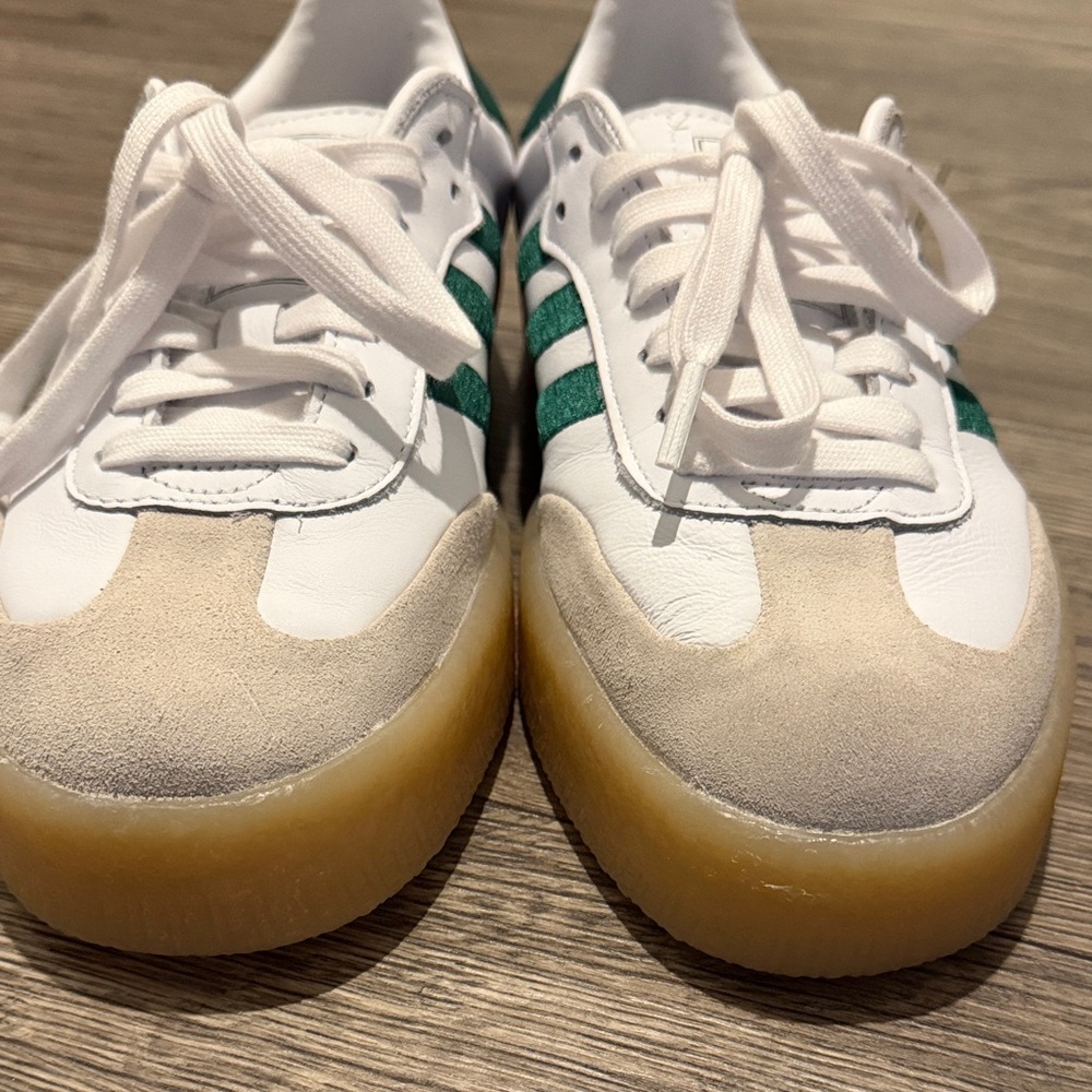 Women’s adidas White Leather Sneakers with Green Stripes and Gum Sole - Picture 7 of 11